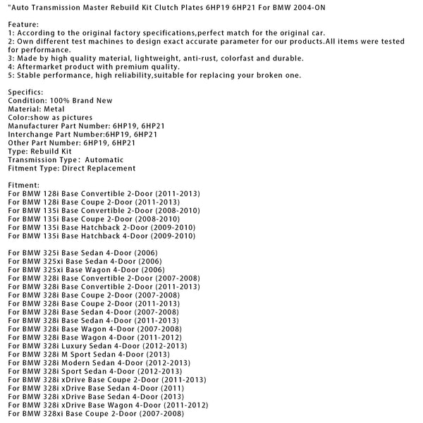 Auto Transmission Master Rebuild Kit Clutch Plates 6HP19 6HP21 For BMW 2004-ON