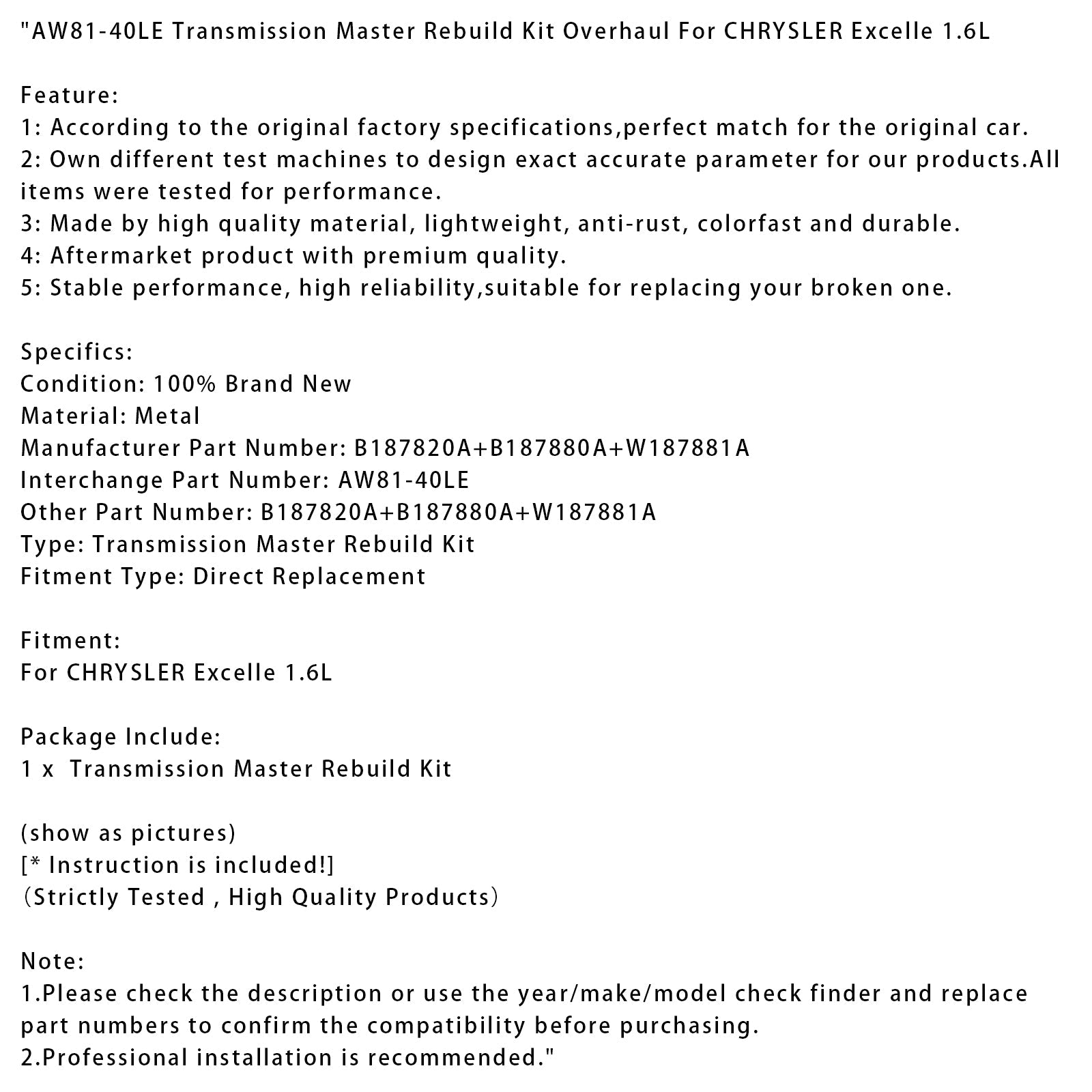 AW81-40LE Transmissie Master Revisieset voor CHRYSLER Excelle 1.6L