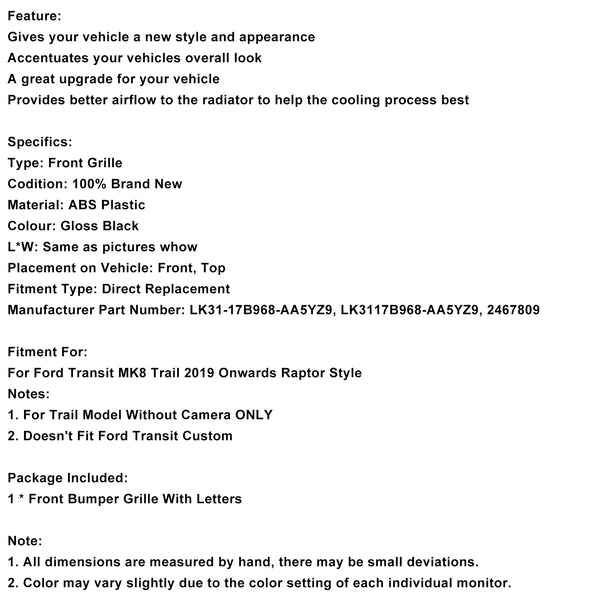 Frontstoßstangengrill 2467809, passend für Ford Transit MK8 Trail ab 2019 im Raptor-Stil