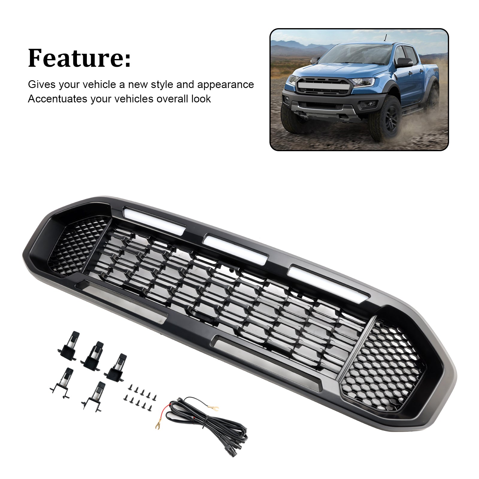 2019-2023 Ford Ranger Black Front Bumper Grille T8 W/LED Light
