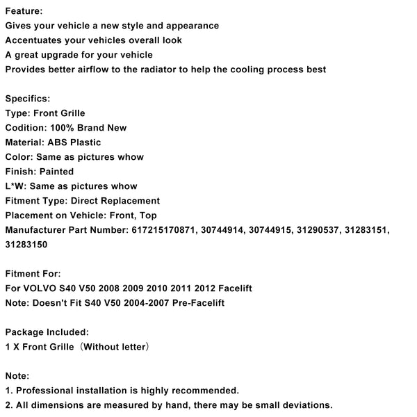 Gloss Black Front Bumper Honeycomb Grille Grill Fit Volvo S40 V50 2008-2012