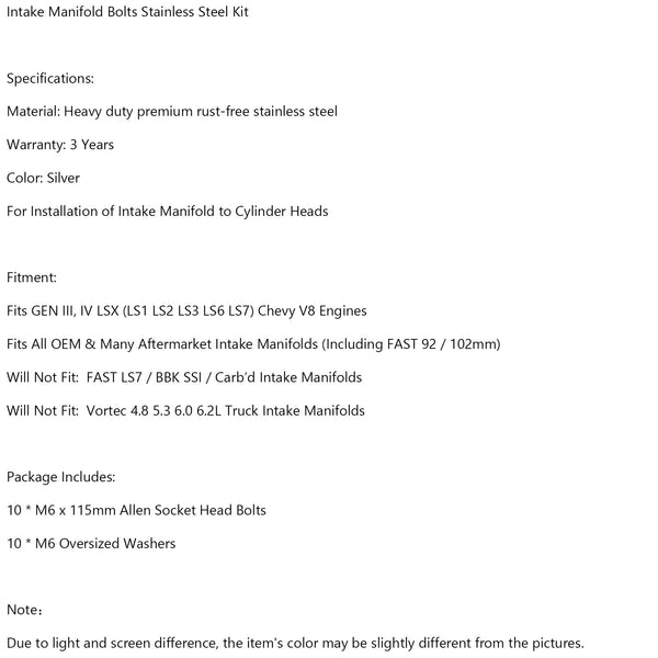 Insugningsrörsbultar i rostfritt stål passar LS1 LSX LS2 LS3 LS6 Camaro Corvette GM