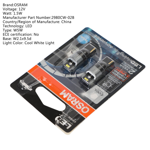 2 pièces OSRAM 2980CW ampoules auxiliaires de voiture LED W5W 12V1.5W W2.1x9.5d générique