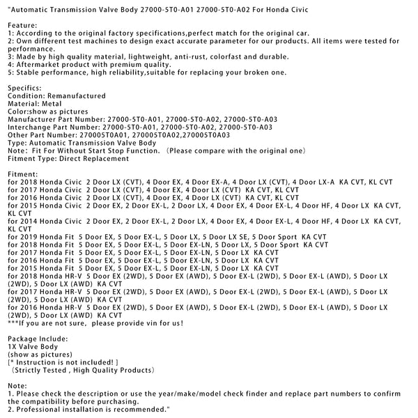 Automatic Transmission Valve Body 27000-5T0-A01 27000-5T0-A02 For Honda Civic