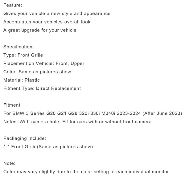 2023–2024 BMW 3er-Reihe G20 G21 G28 320i 330i M340i glänzend schwarzer Nierengrill vorne Generic