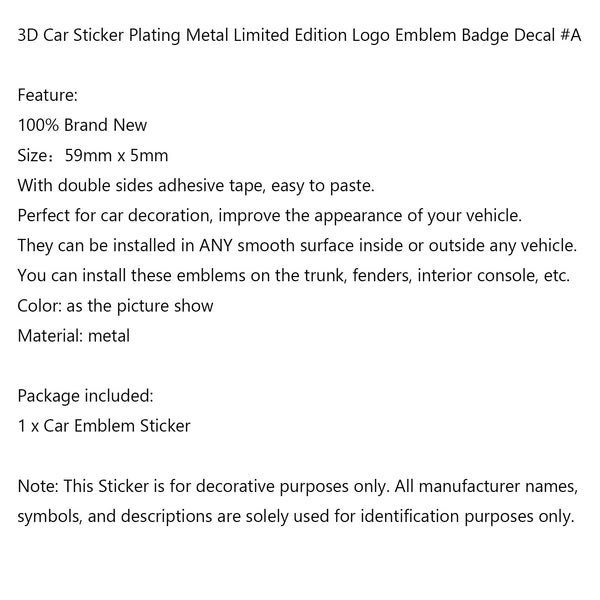 3D Car Sticker Plating Metal Limited Edition Logo Emblem Badge Decal #A