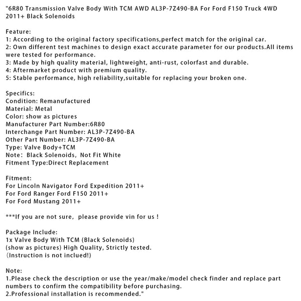 6R80 Transmission Valve Body w/TCM AWD AL3P-7Z490-BA For Ford F150 Truck 4WD