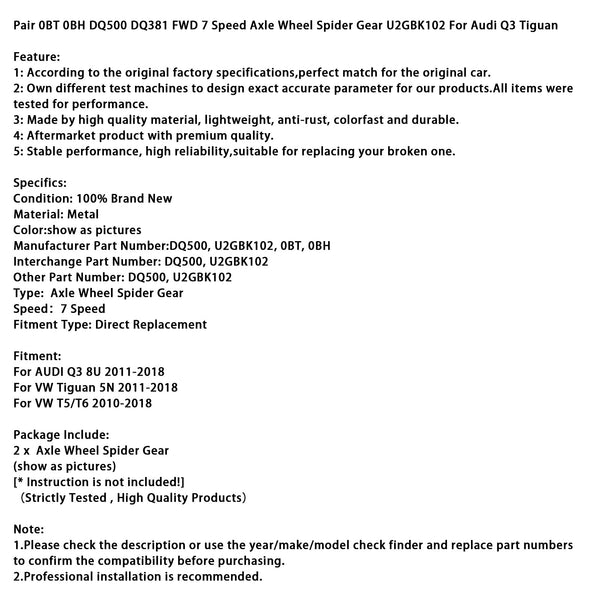 Pair 0BT 0BH DQ500 DQ381 FWD 7 Speed Axle Wheel Spider Gear U2GBK102 For Audi Q3