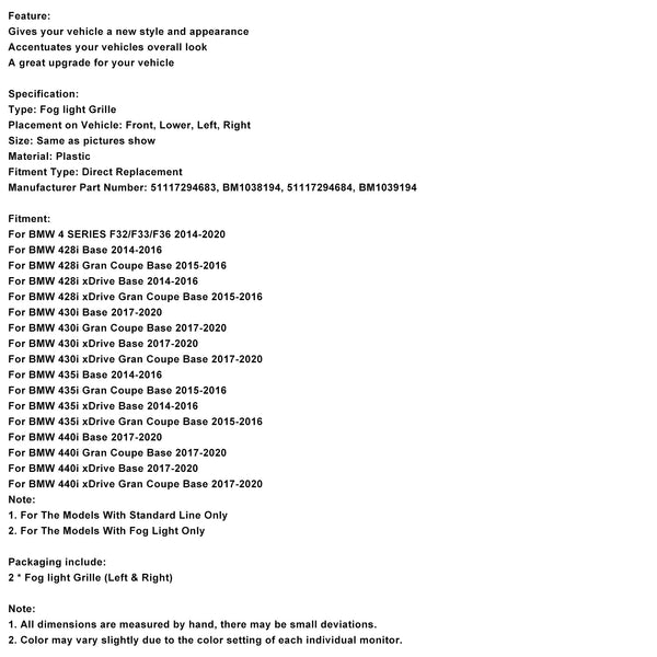 Tåkelykt Lys Deksel Innsats Grill Grill Passer BMW 4 SERIES F32 428i 2014-2020