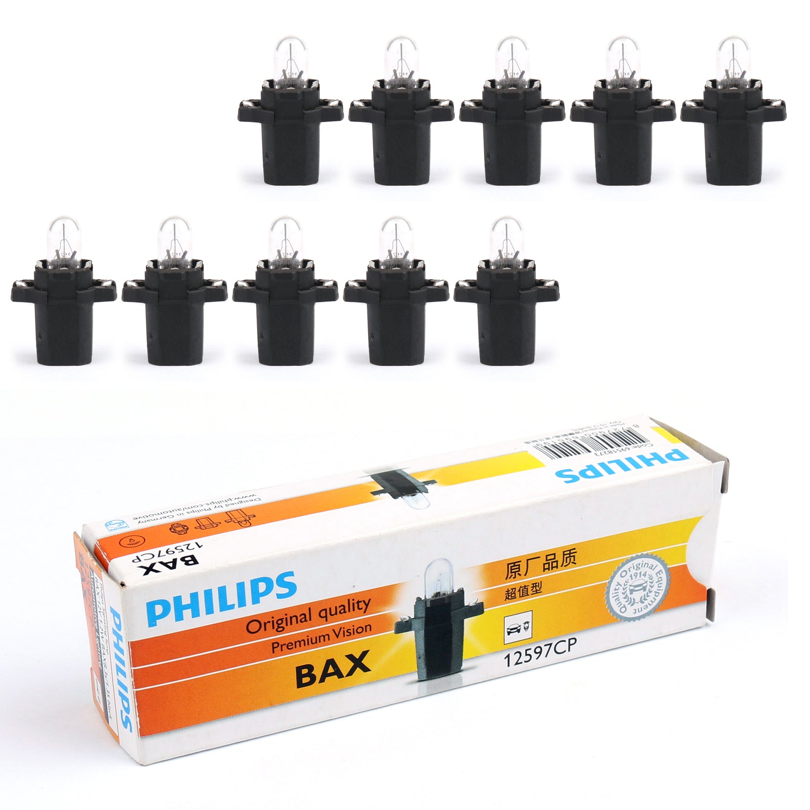 10ks originální žárovka PHILIPS 12597 T5 12V 1,2W BAX8,3s/1,35 Premium