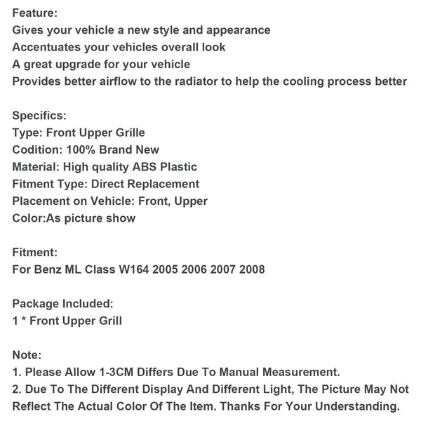 Kühlergrill für die vordere Stoßstange, für Benz ML-Klasse W164, 2005–2008, generisch