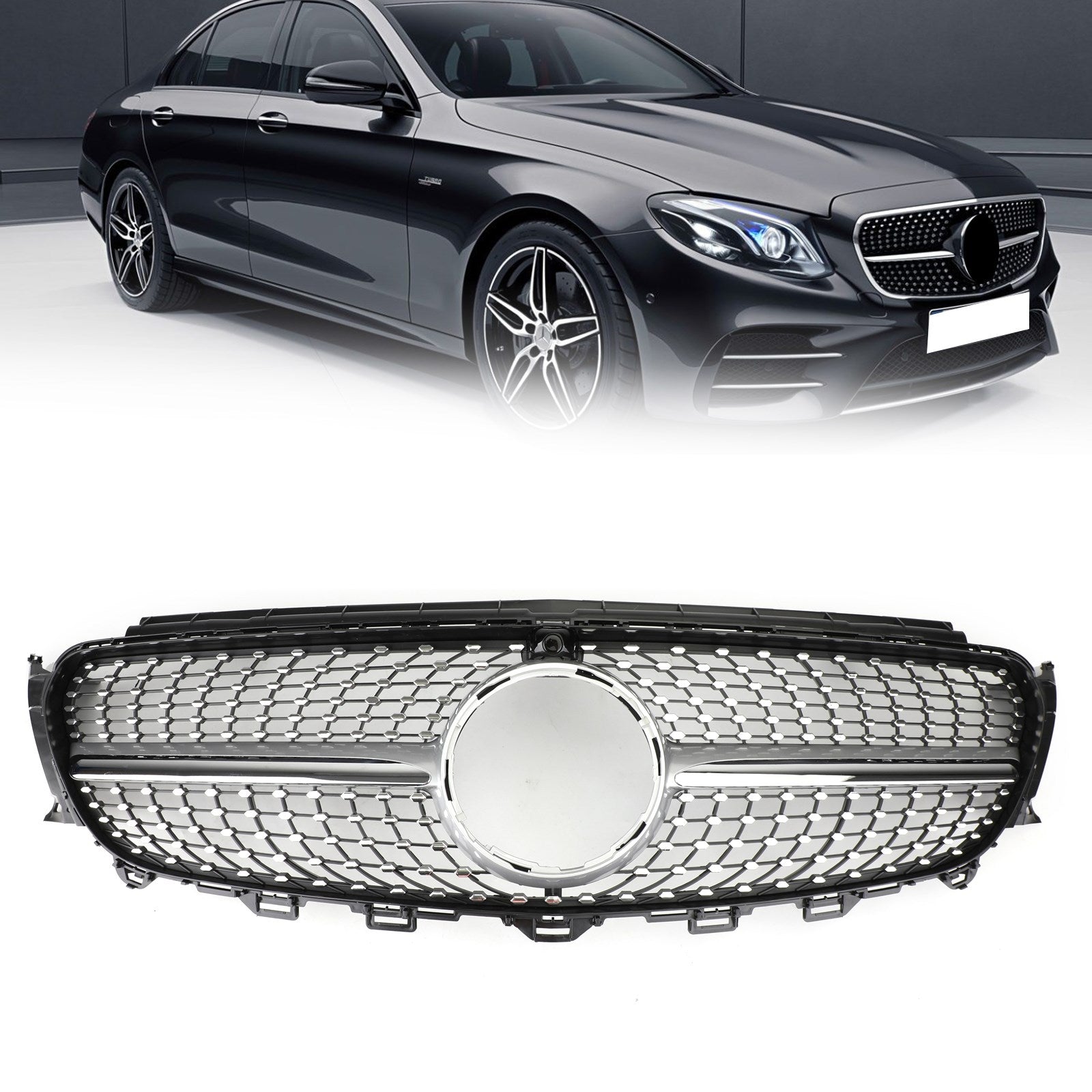 Benz 2017-2019 W213 Calandre avant à bordure argent diamant pour BMW E200, E250 et E300
