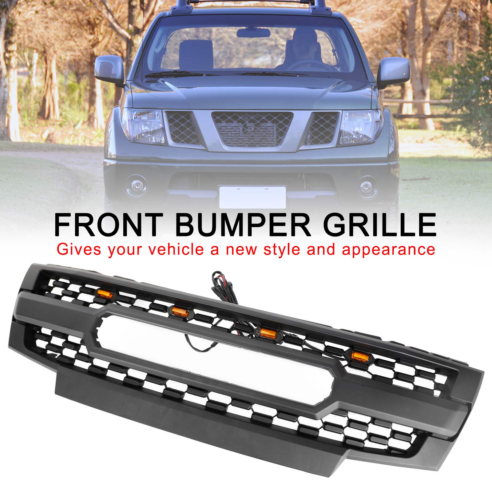 Sostituzione griglia paraurti anteriore nera Nissan Frontier 2009-2016 con luci a LED