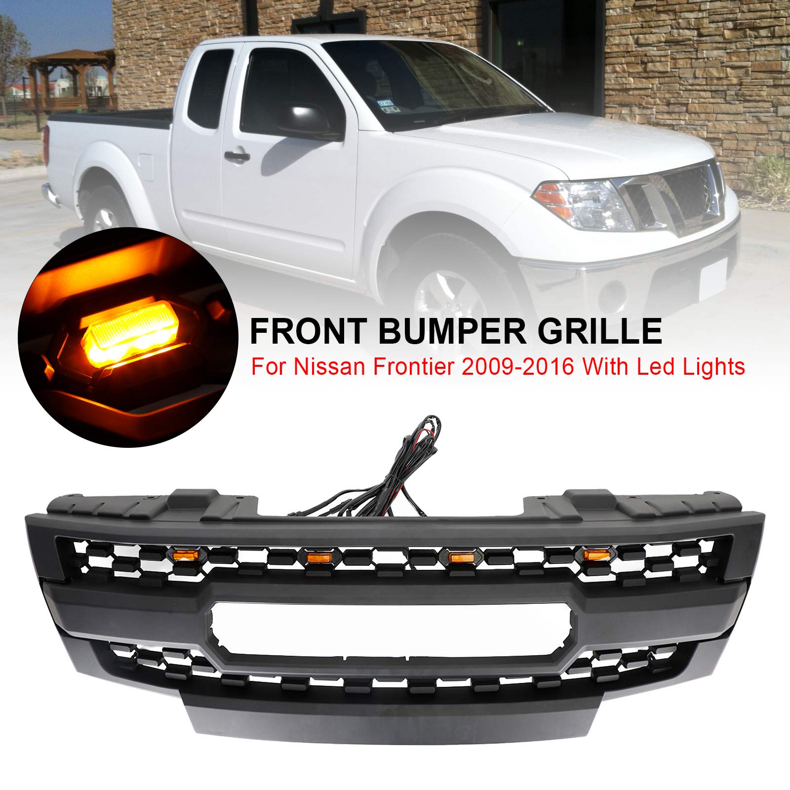 Sostituzione griglia paraurti anteriore nera Nissan Frontier 2009-2016 con luci a LED
