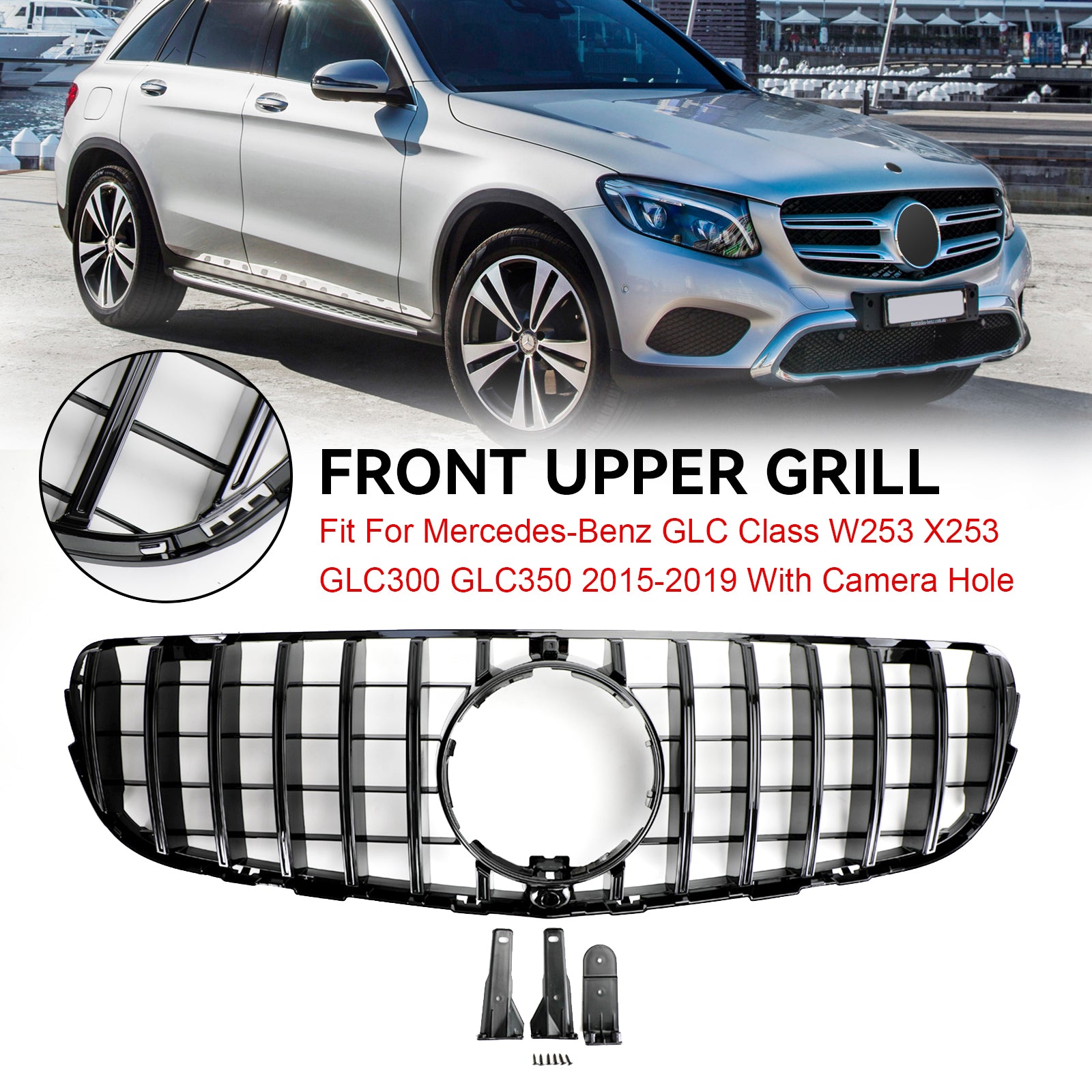 2015-2019 Benz W253 GLC-Klasse GLC300 GLC350 Forkofangergrill i højglanssort med kamerahul