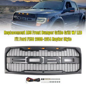 2009-2014 Ford F150 Black Raptor Style Front Bumper Grille Grill With LED