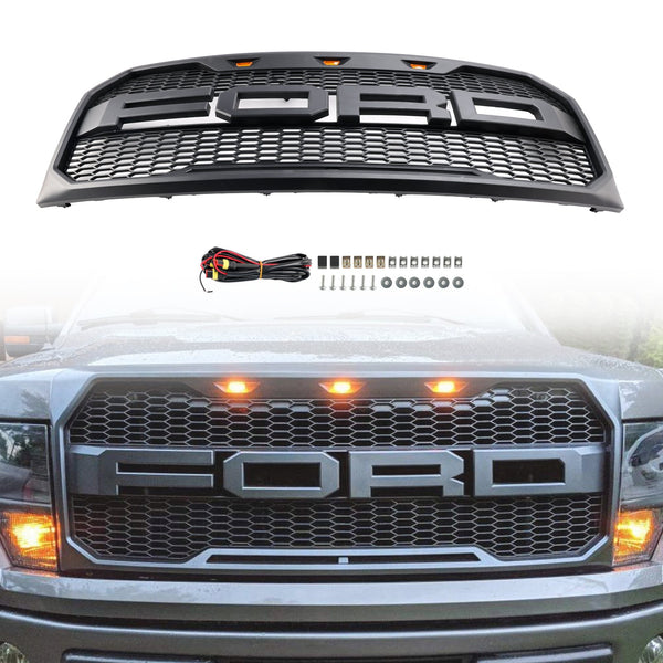 Ford F150 2009-2014 Black Raptor Style Front Bumper Grille Grill With LED