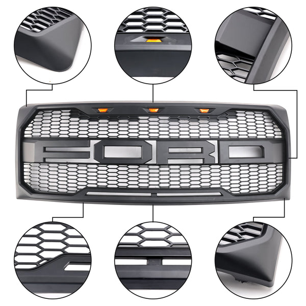 2009-2014 Ford F150 Black Raptor Style Front Bumper Grille Grill With LED