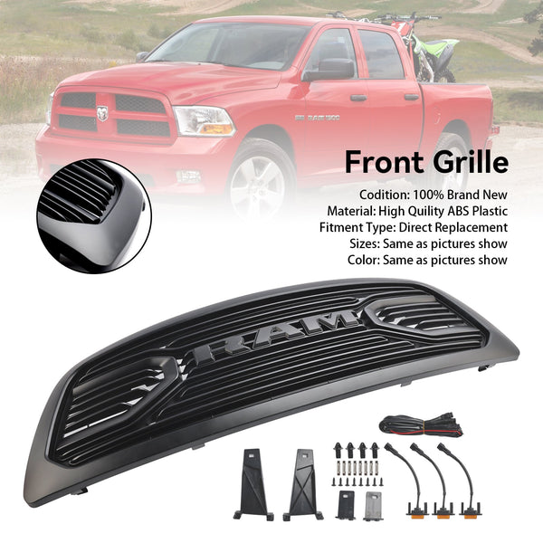 2009-2012 Dodge Ram 1500 Matte Black Front Bumper Grill Grille W/ Led Light