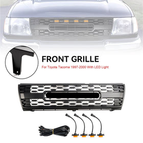 1997-2000 Toyota Tacoma Honeycomb Front Bumper Grill TRD PRO Style Black Grille W/LED