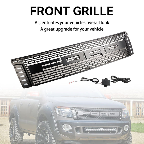 2012-2014 Ford Ranger T6 Matt Black Front Bumper Grill Grille w/ LED Light Generic