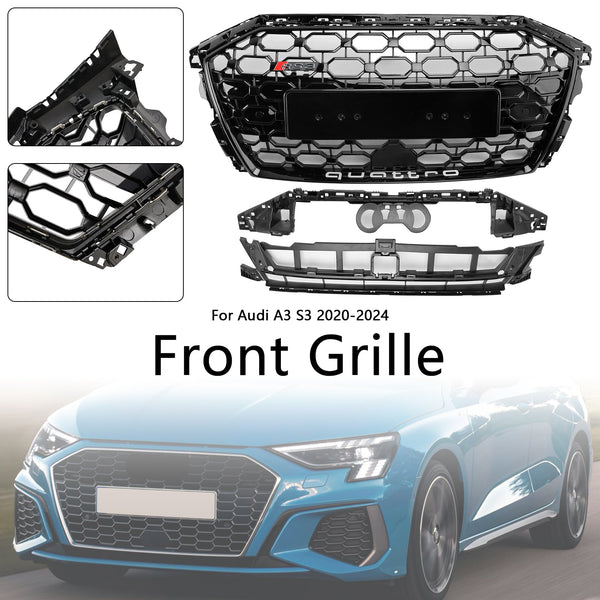 2020-2024 Audi A3 S3 RS3 Style Honeycomb Front Grille Grill Gloss Black