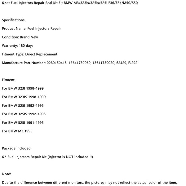 1992-1995 BMW 325I 6 Satz Einspritzdüsen-Reparatur-Dichtungssatz 0280150415 Generisch