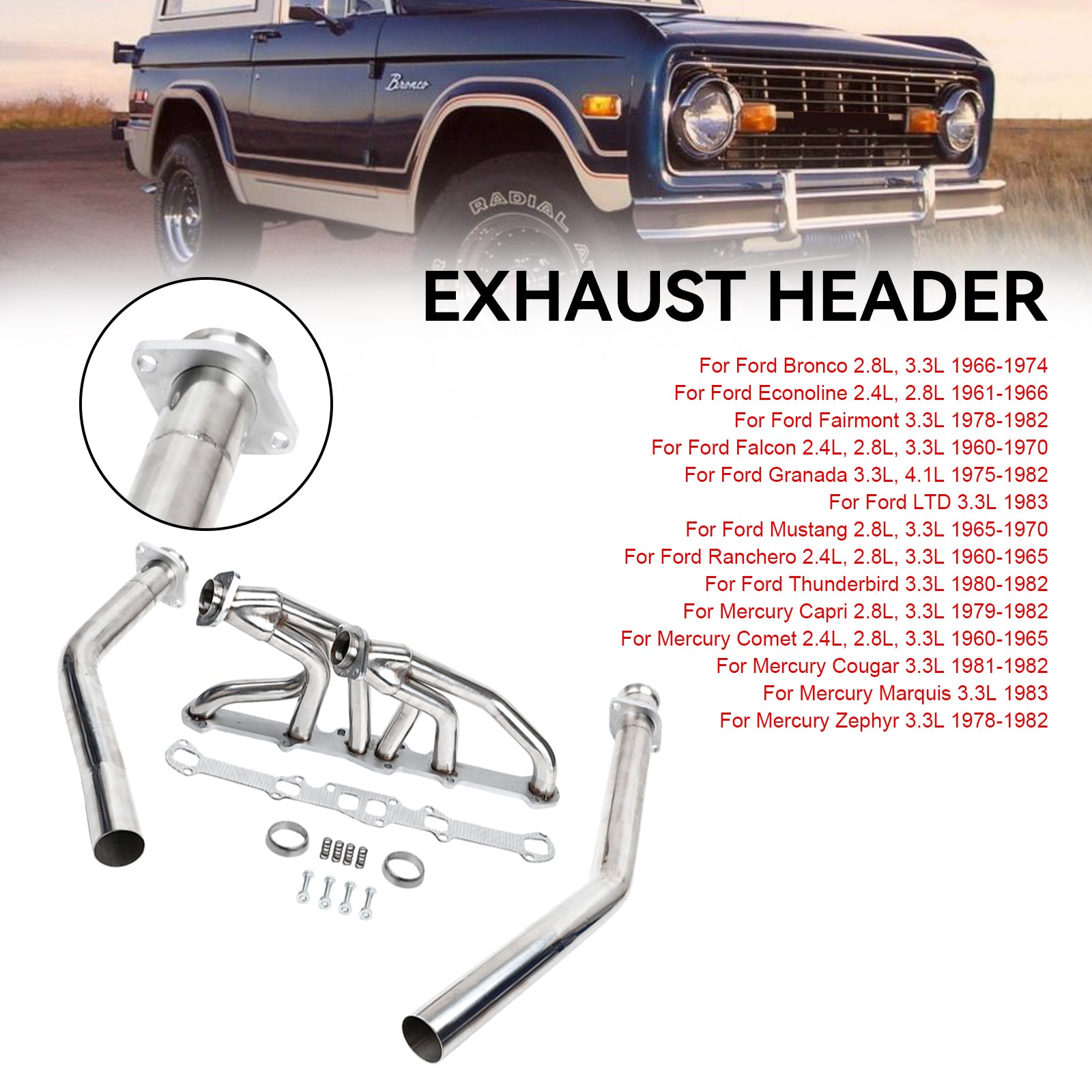 1966-1974 Ford Bronco 2,8L, 3,3L eksoshoder i rustfritt stål passer til Ford Mustang