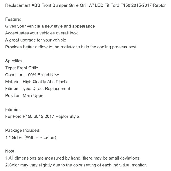 ABS Front Bumper Grill Grille Fit Ford F150 2015-2017 Raptor Style W/ LED