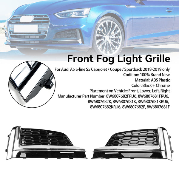 2018-2019 Audi S5 A5 S-Line 2 peças para-choque dianteiro luz de neblina grade capa guarnição 8W6807682FRU6 8W6807681FRU6 genérico