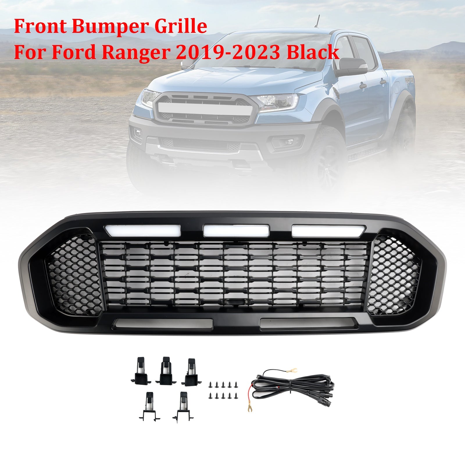 2019-2023 Ford Ranger Black Front Bumper Grille T8 W/LED Light