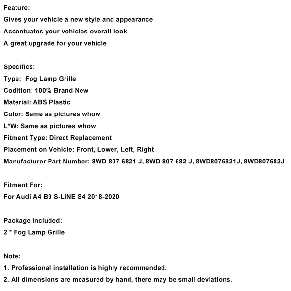 Schwarze Nebelscheinwerfer-Kühlergrill-Zierabdeckung, passend für Audi A4 B9 S-LINE S4 2018–2020