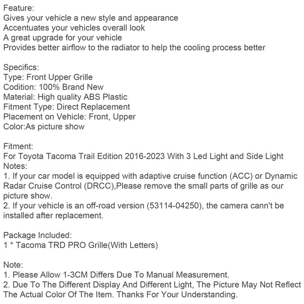 Toyota Tacoma 2016–2023 Frontstoßstangengrill mit LED-Leuchten, Seitenleuchten, generisch