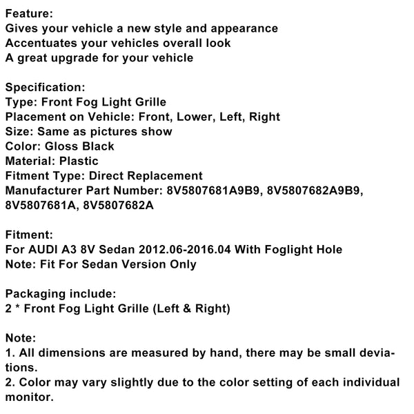 Glänzend schwarze Nebelscheinwerfer-Grillabdeckungen, passend für Audi A3 8V Limousine 2013–2016