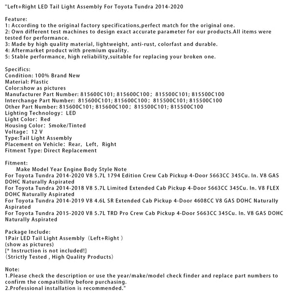 Left+Right LED Tail Light Assembly For Toyota Tundra 2014-2020