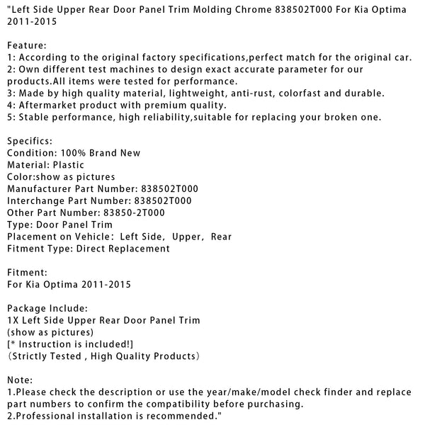 Venstre side Øvre bakdør Panel Trim List Krom For Kia Optima 2011-2015