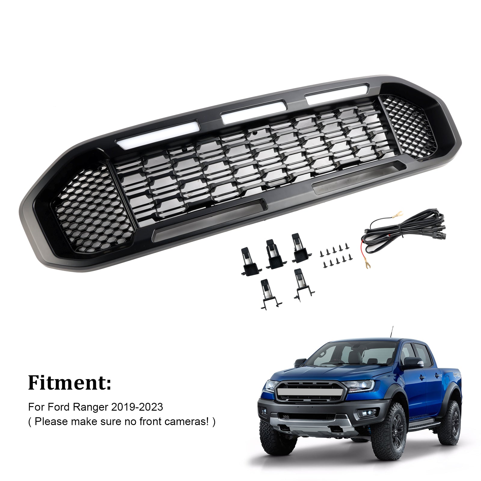 2019-2023 Ford Ranger Black Front Bumper Grille T8 W/LED Light