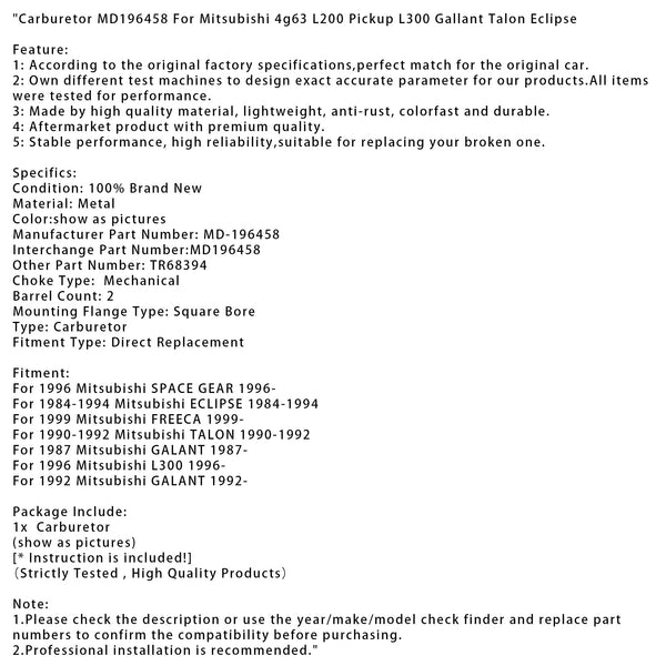 Carburetor MD196458 For Mitsubishi 4g63 L200 Pickup L300 Gallant Talon Eclipse