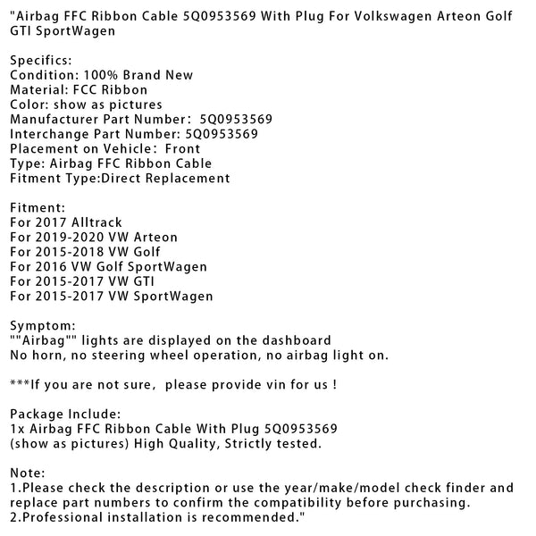 Airbag FFC Ribbon Cable 5Q0953569 For Volkswagen Arteon Golf GTI SportWagen