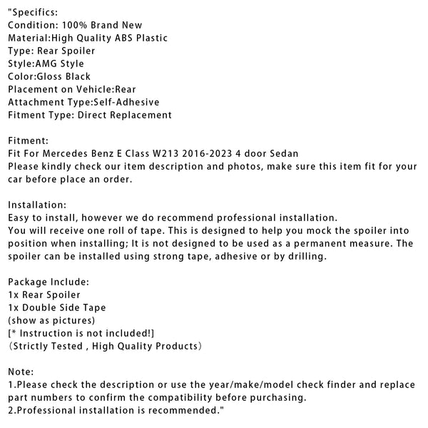 Gloss Black Rear Spoiler For Mercedes-Benz E-Class W213 16-23 AMG Style