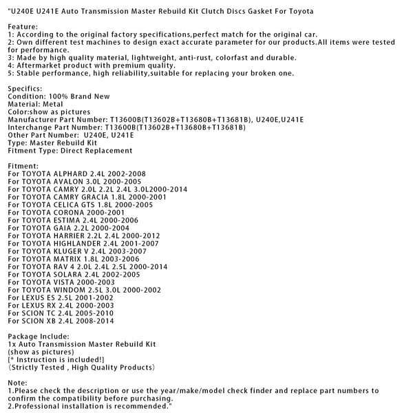 U240E U241E Auto Transmission Master Rebuild Kit Clutch Discs Gasket For Toyota
