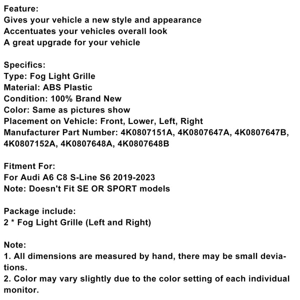 2PCS Nebelscheinwerfer-Lampenfassung für Audi A6 C8 S-Line S6 2019-2023
