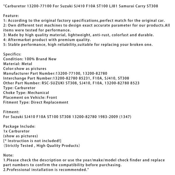 Carburetor 13200-77100 For Suzuki SJ410 F10A ST100 LJ81 Samurai Carry ST308