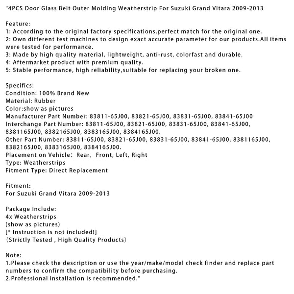 4 Stück Türglas-Gürtel-Außenform-Dichtungsstreifen für Suzuki Grand Vitara 09–13