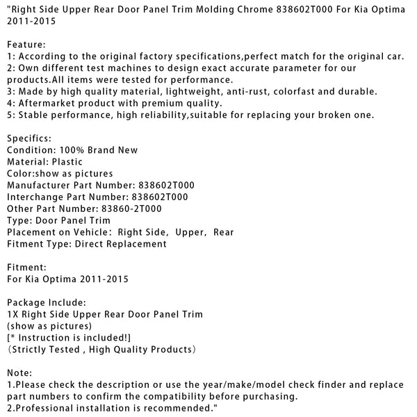 Høyre side Øvre bakdør Panel Trim List Krom For Kia Optima 2011-2015