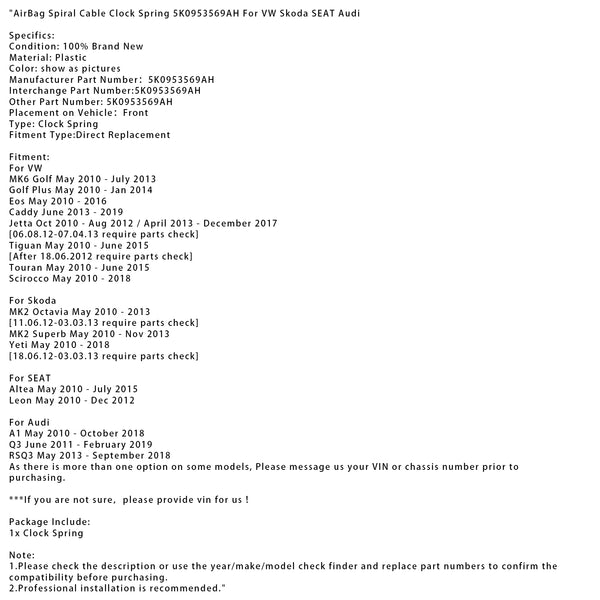 AirBag Spiral Cable Clock Spring 5K0953569AH For VW Skoda SEAT Audi