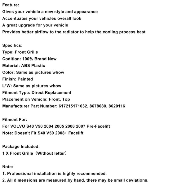 Gloss Black Front Bumper Honeycomb Grille Grill Fit Volvo S40 V50 2004-2007