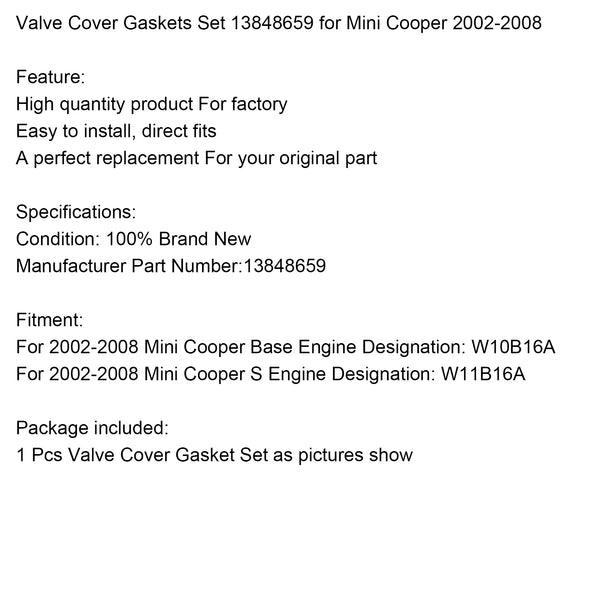 2002-2008 Mini Cooper S motorbeteckning:W11 B16A ventilkåpspackningssats 13848659 Generisk