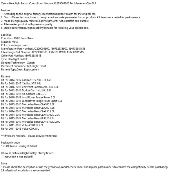 2014-2016 Benz CLA200 1,6L Xenon Strålkastare Ballast Styrenhet Modul A2229003300 Generic