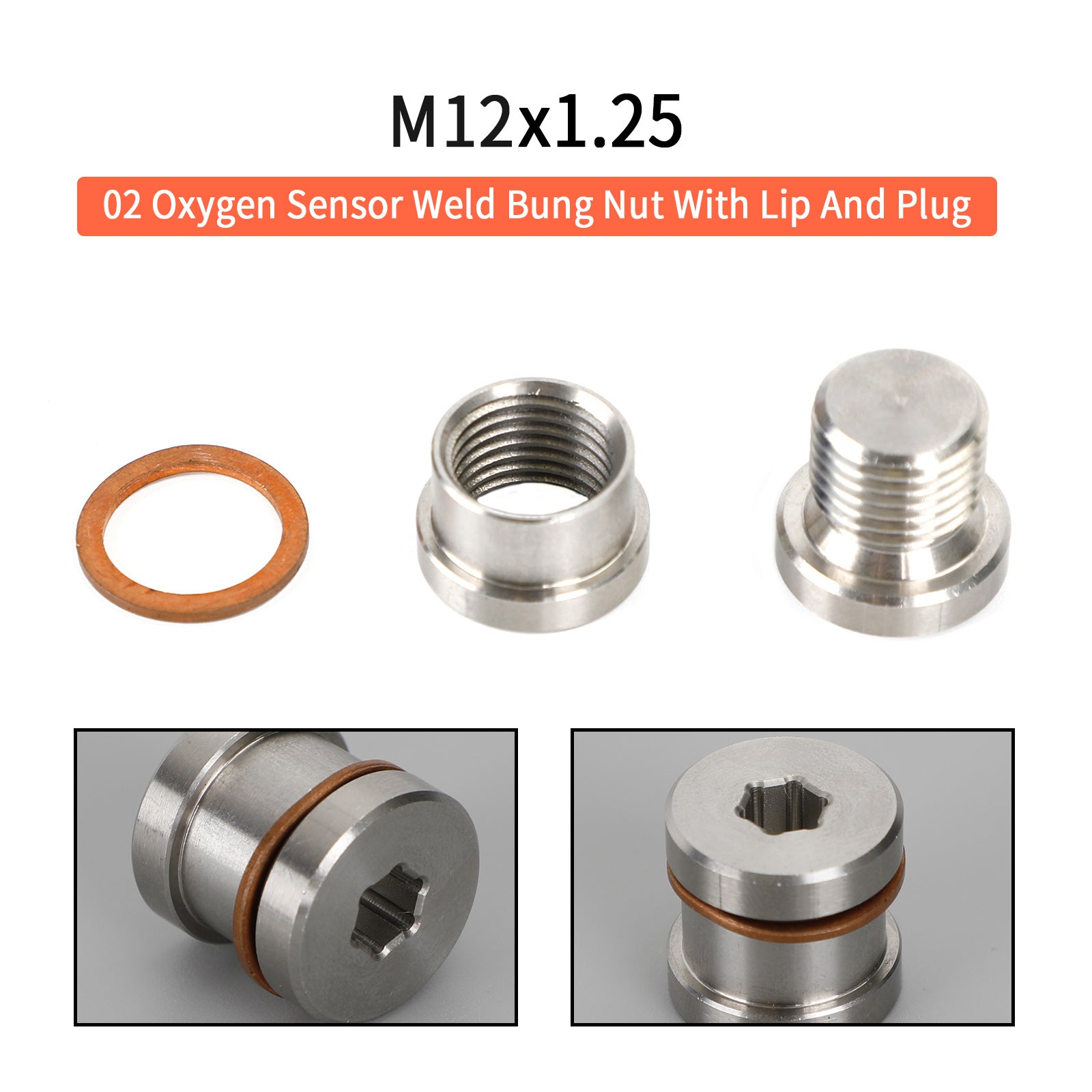 M12 x 1.25 Oxygen Sensor Adapter Spacer Hex Plug Nut Kit Stainless ste